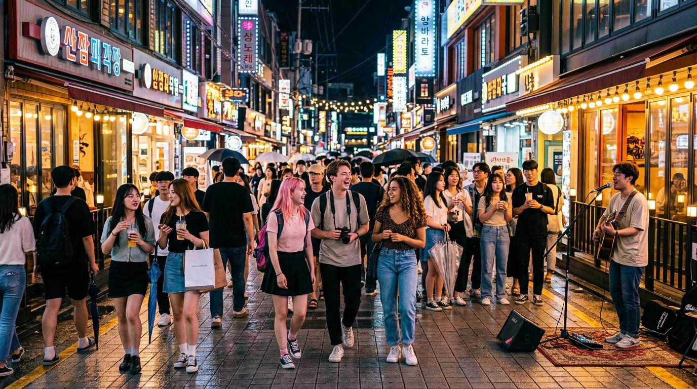 Bright, vibrant, photorealistic street scene in Hongdae at evening with young travelers, neon lights, cafés, buskers, no readable text