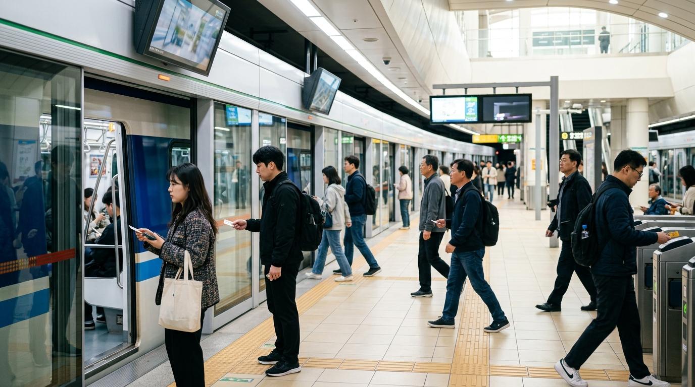 Bright, vibrant, photorealistic Seoul subway platform with clean modern trains, travelers holding transit cards, soft lighting, no text