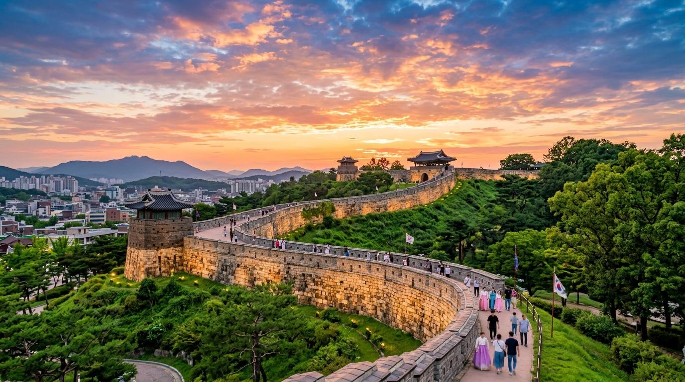 Bright, vibrant, photorealistic Suwon Hwaseong Fortress wall curving over a green hill at sunset, people walking, no text