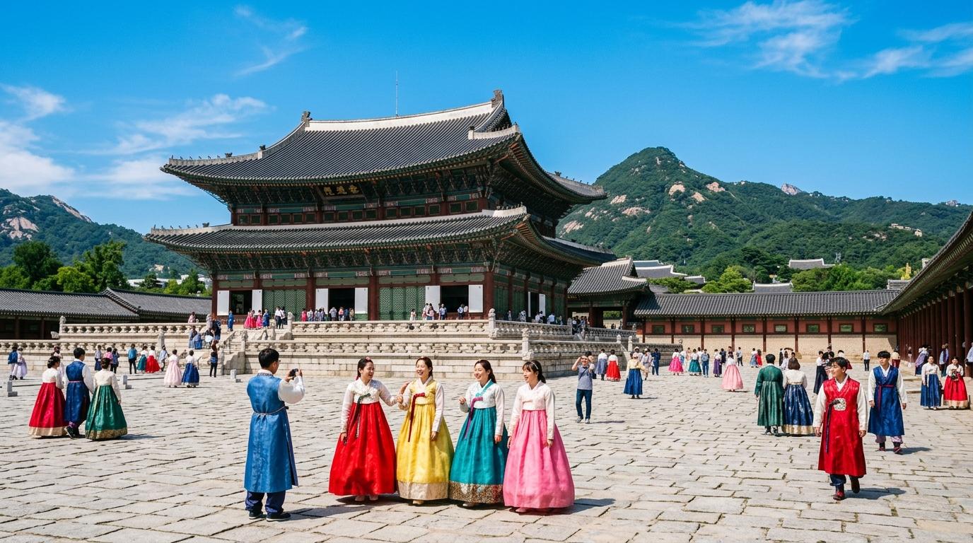 Bright, vibrant, photorealistic scene of Gyeongbokgung Palace courtyard with mountains behind, travelers in colorful hanbok, clear blue sky, no text