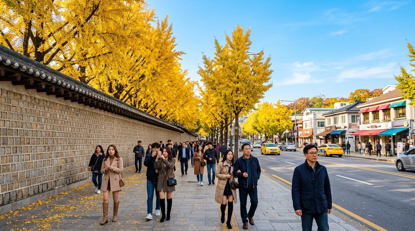 Bright, vibrant, photorealistic Seoul street in autumn with golden trees, stylish pedestrians, palace wall, crisp blue sky, no text