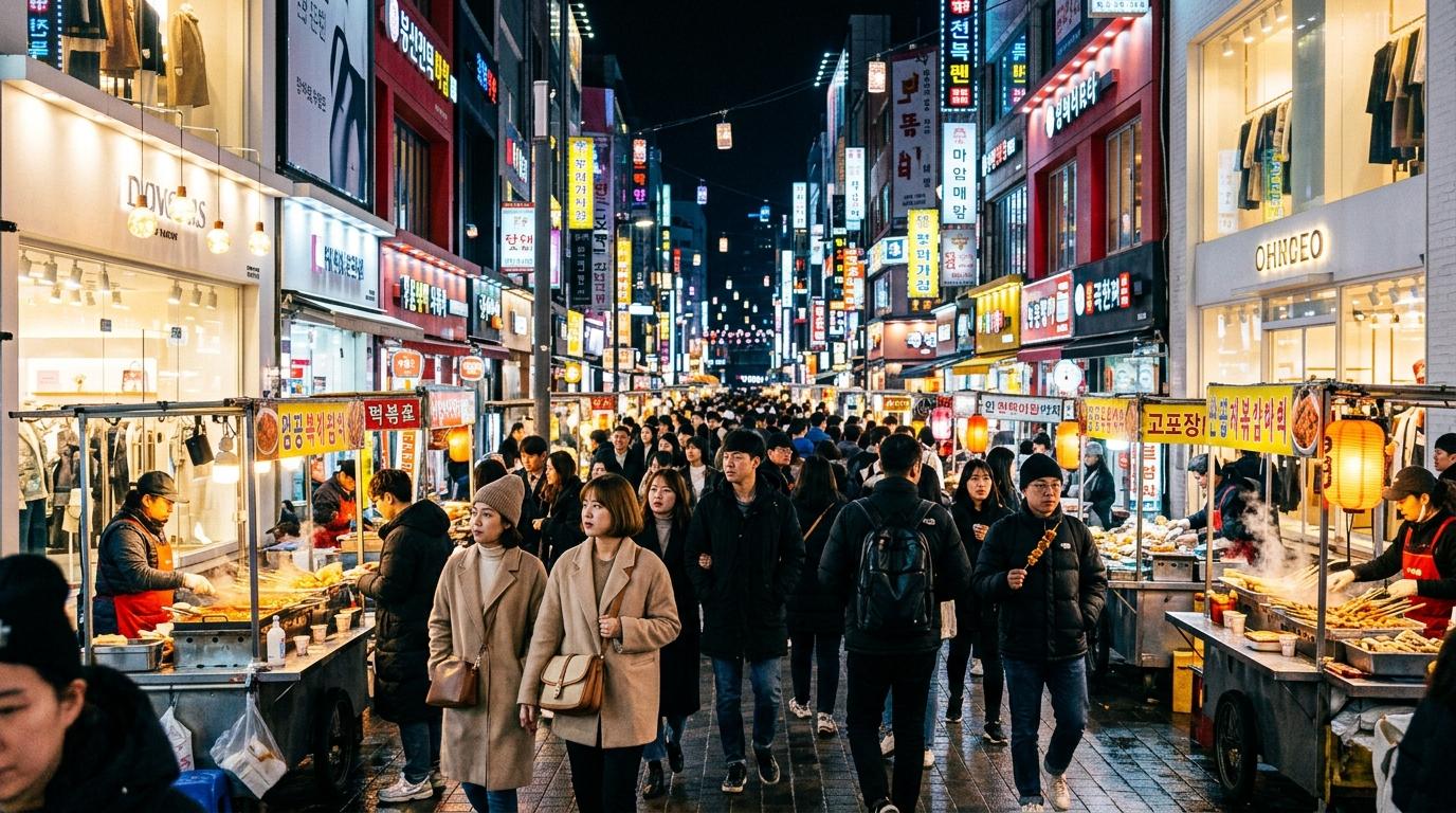 Bright, vibrant, photorealistic Myeongdong shopping street at night with food stalls, stylish travelers, glowing storefronts, no readable text