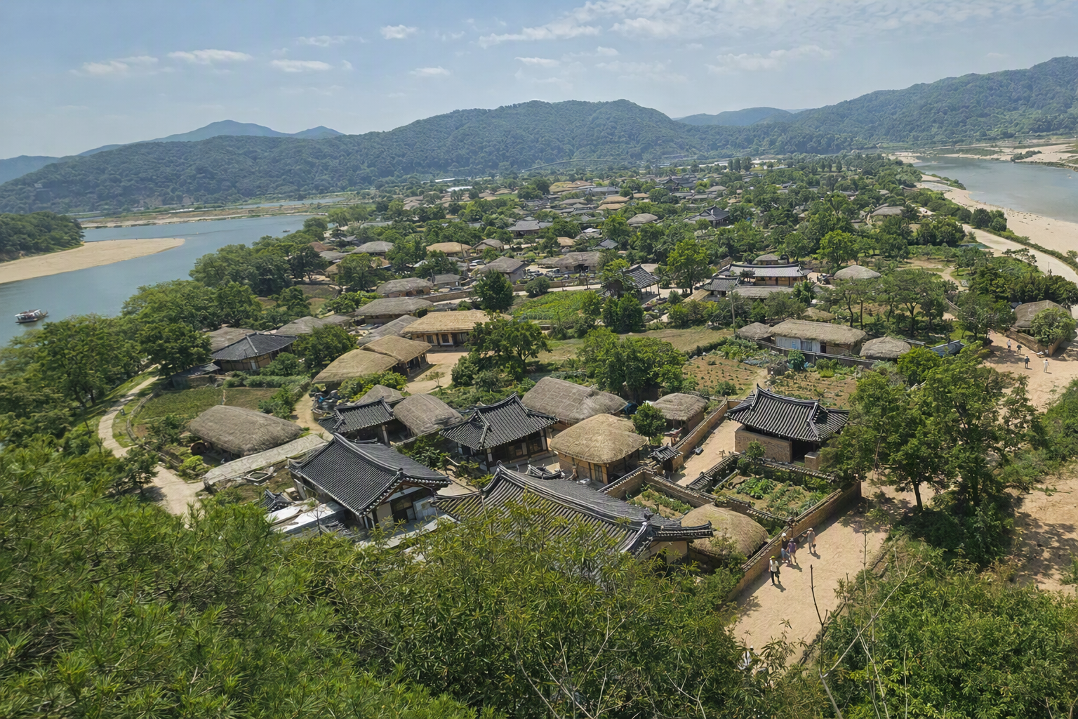 Bright, vibrant, photorealistic view of Hahoe Folk Village with traditional hanok roofs, thatched houses, green hills, and a river bend, no Korean text