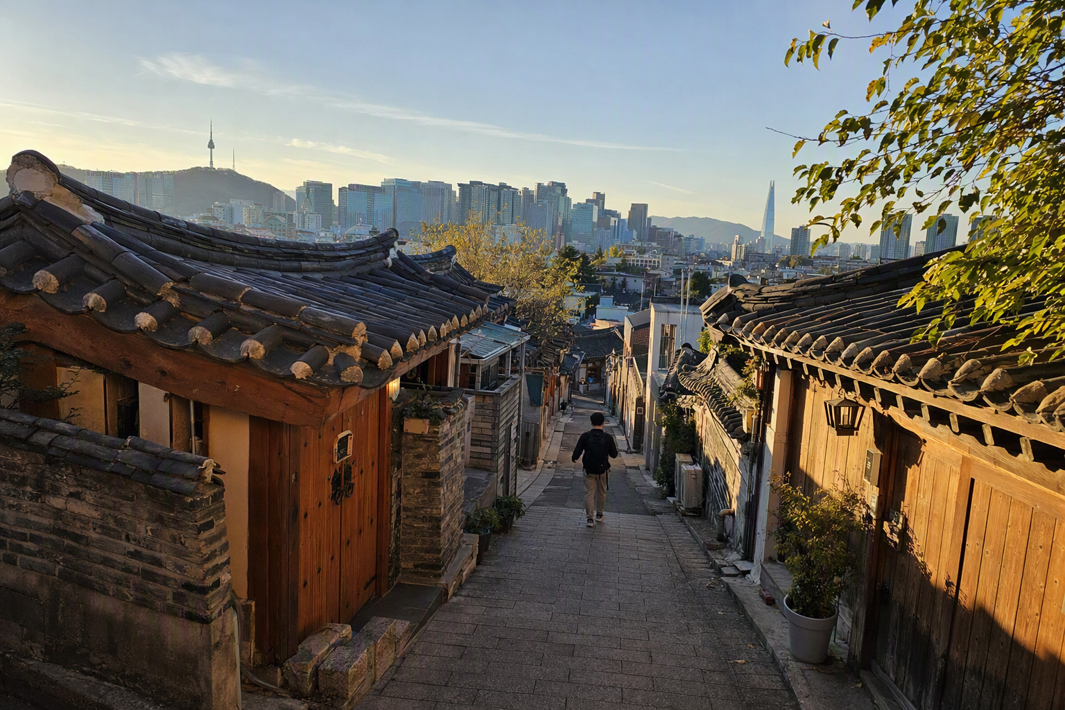 Bright, vibrant, photorealistic view of Seoul hanok rooftops in Bukchon with modern skyline in the distance, morning light, quiet alley, no Korean text