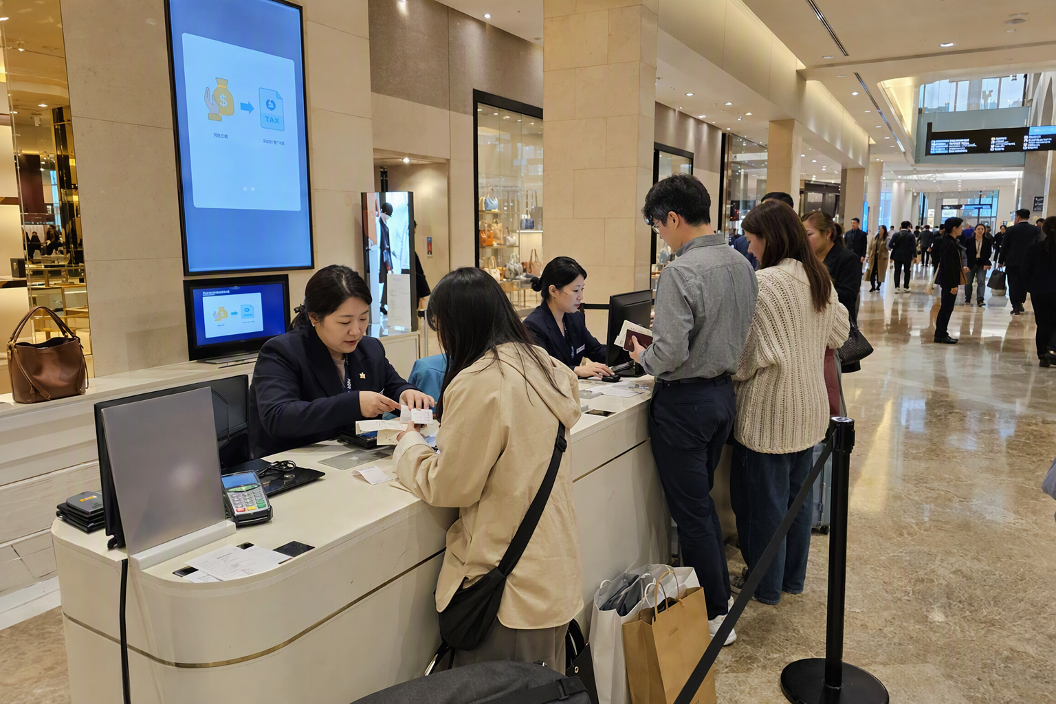 高級百貨公司內明亮且充滿活力的寫實風退稅自助機區域,旅客手持護照與購物袋,無可見文字