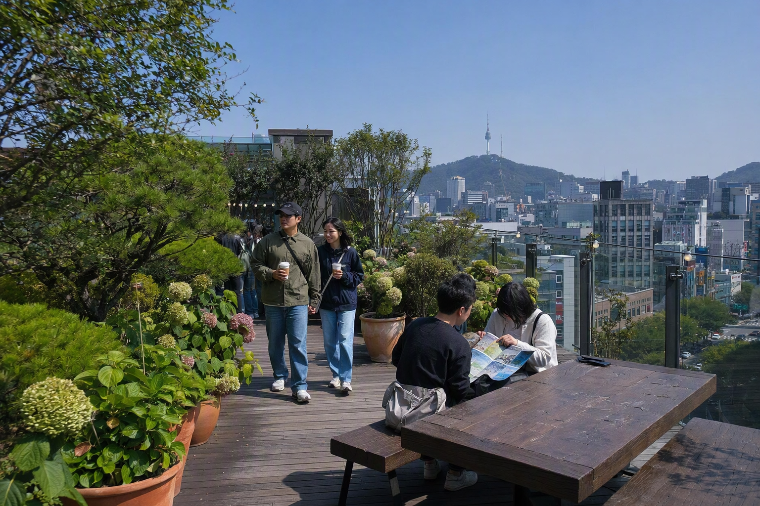 明亮鮮豔、寫實風格的首爾百貨屋頂花園,有盆栽綠意、城市天際線景觀,旅客悠閒休息,藍天晴朗,畫面無可辨識文字