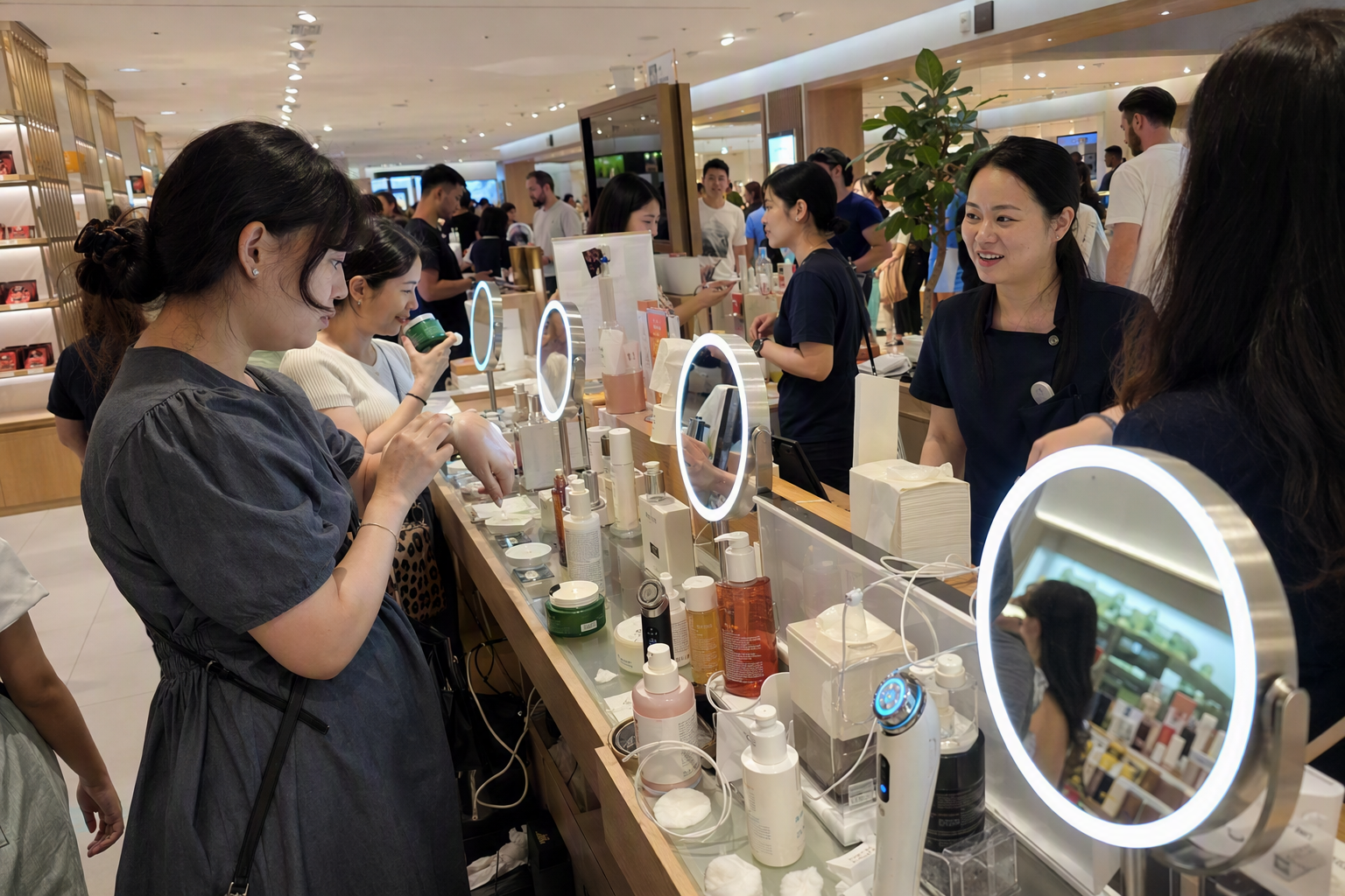 明亮鮮豔、寫實風格的 K-beauty 櫃位,擺滿保養品瓶罐、美容儀、鏡子,國際旅客正在試用產品,畫面無可辨識文字