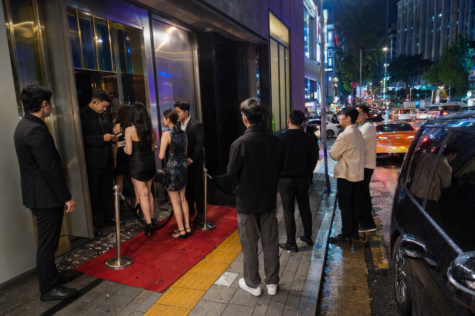 Bright vibrant photorealistic Gangnam upscale nightclub scene, sleek entrance, fashionable dressed-up crowd, luxury cars and city lights, modern glamorous atmos