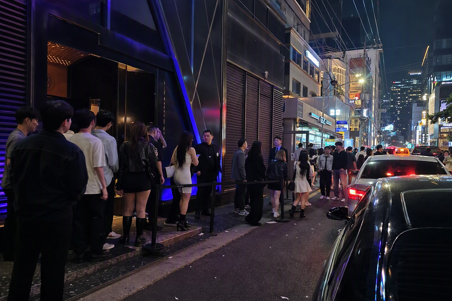 Bright vibrant photorealistic collage-style view of three Seoul nightlife districts: casual Hongdae street, underground Itaewon basement entrance, sleek Gangnam