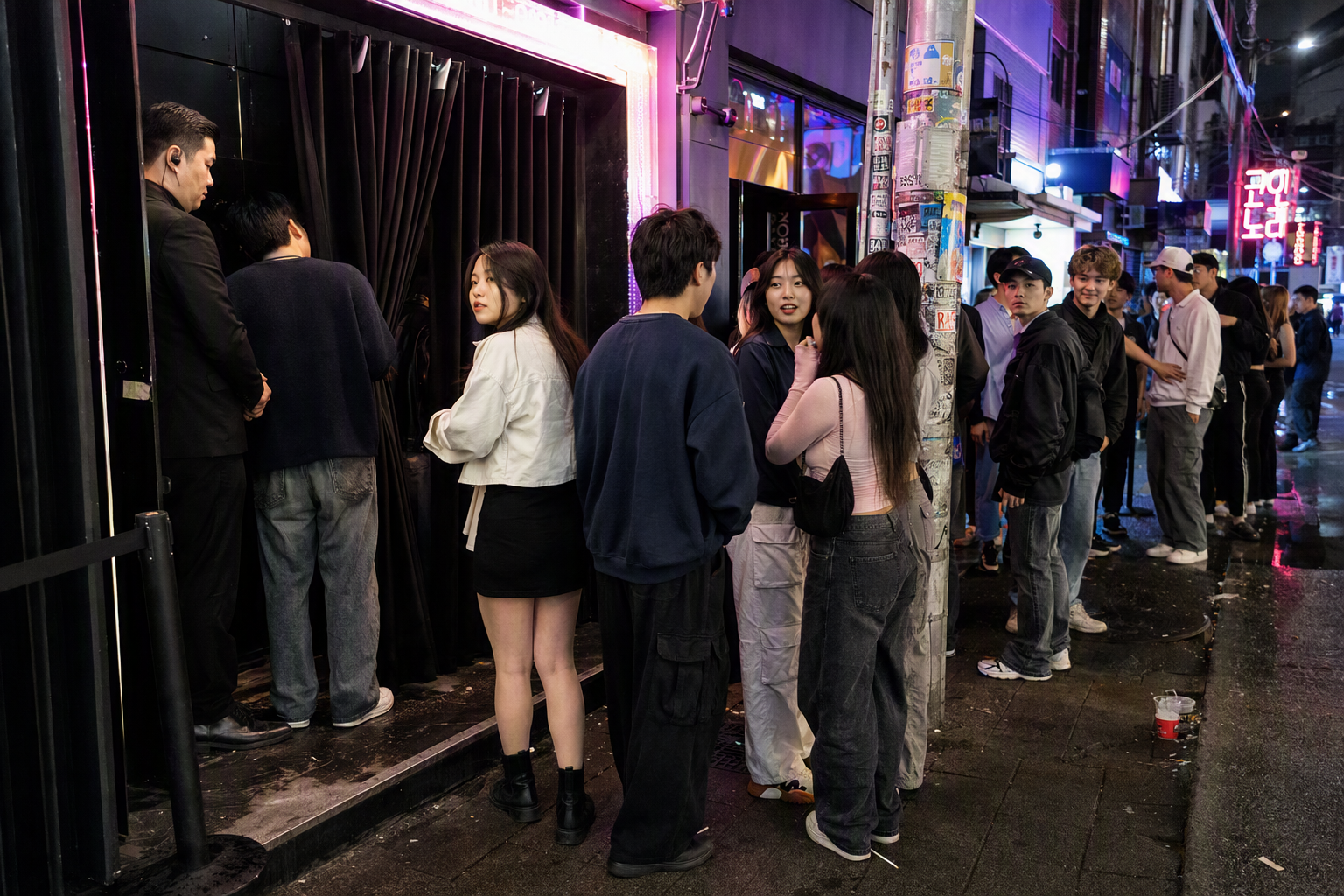 Bright vibrant photorealistic Hongdae club entrance at night with fashionable young crowd waiting, neon lights, casual streetwear, energetic atmosphere, no read