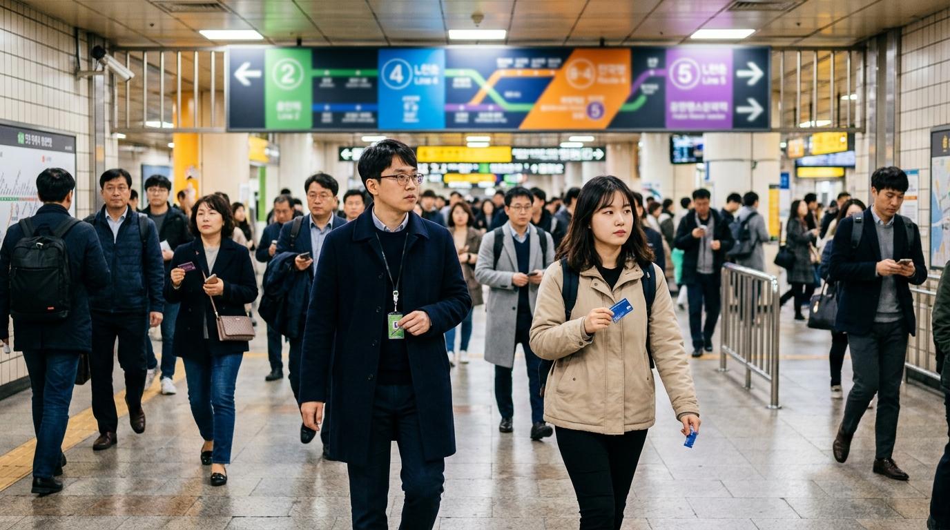 Bright photorealistic image of Seoul subway passengers near a transfer corridor with colorful route graphics blurred, travel cards in hand, no readable text