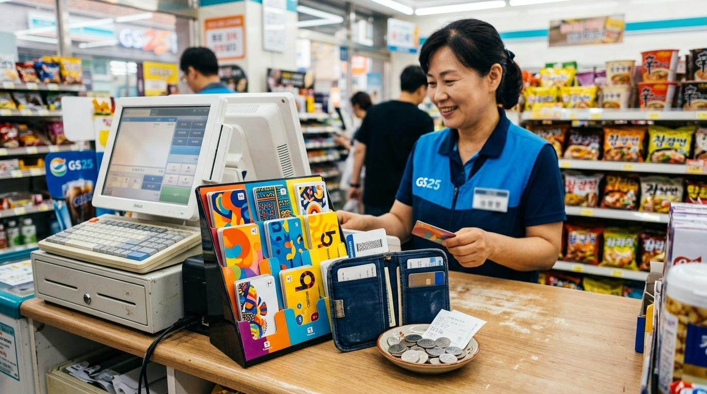 Bright photorealistic image of a Korean convenience store counter with colorful transit cards displayed near the register, travel wallet and coins, no readable