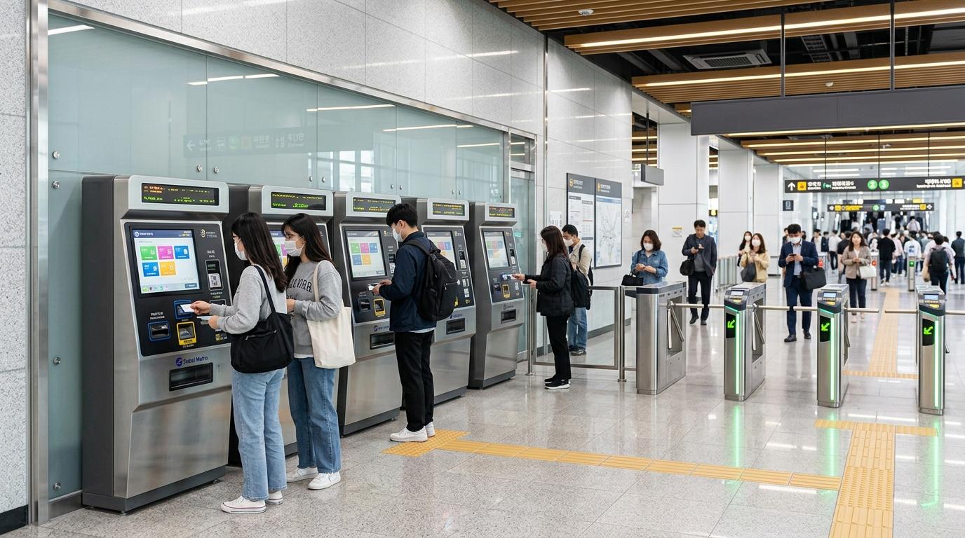 Bright photorealistic image of a modern Seoul subway ticket machine area with travelers using kiosks and transit cards, clean station interior, no readable text