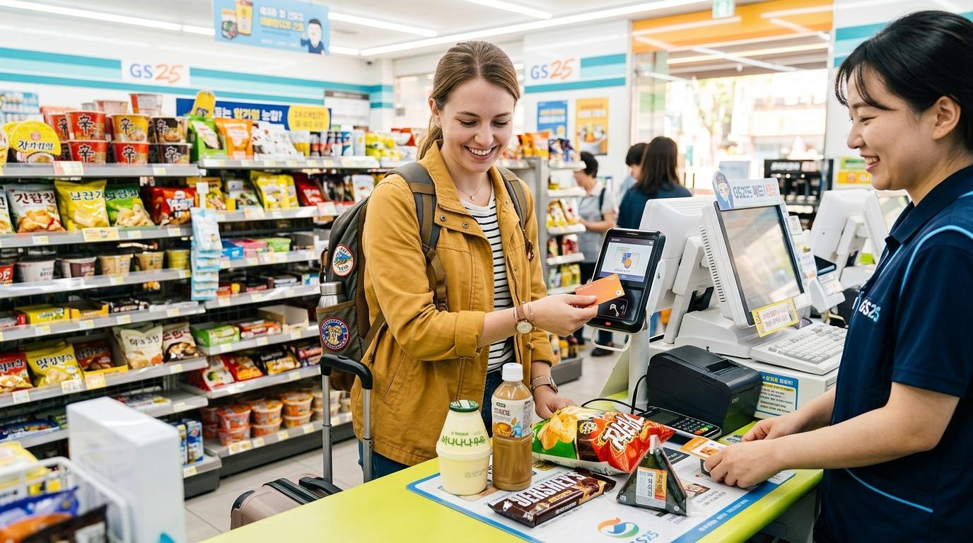 Bright photorealistic image of a traveler using a transit card to pay for bottled drinks and snacks at a Korean convenience store, cheerful lighting, no readabl