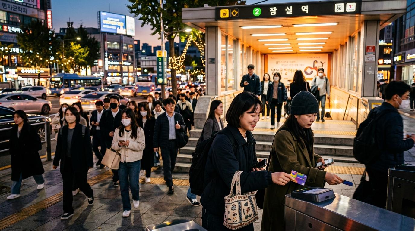 Bright photorealistic evening scene outside a Seoul subway entrance with travelers holding transit cards, city lights, stylish urban travel mood, no readable te