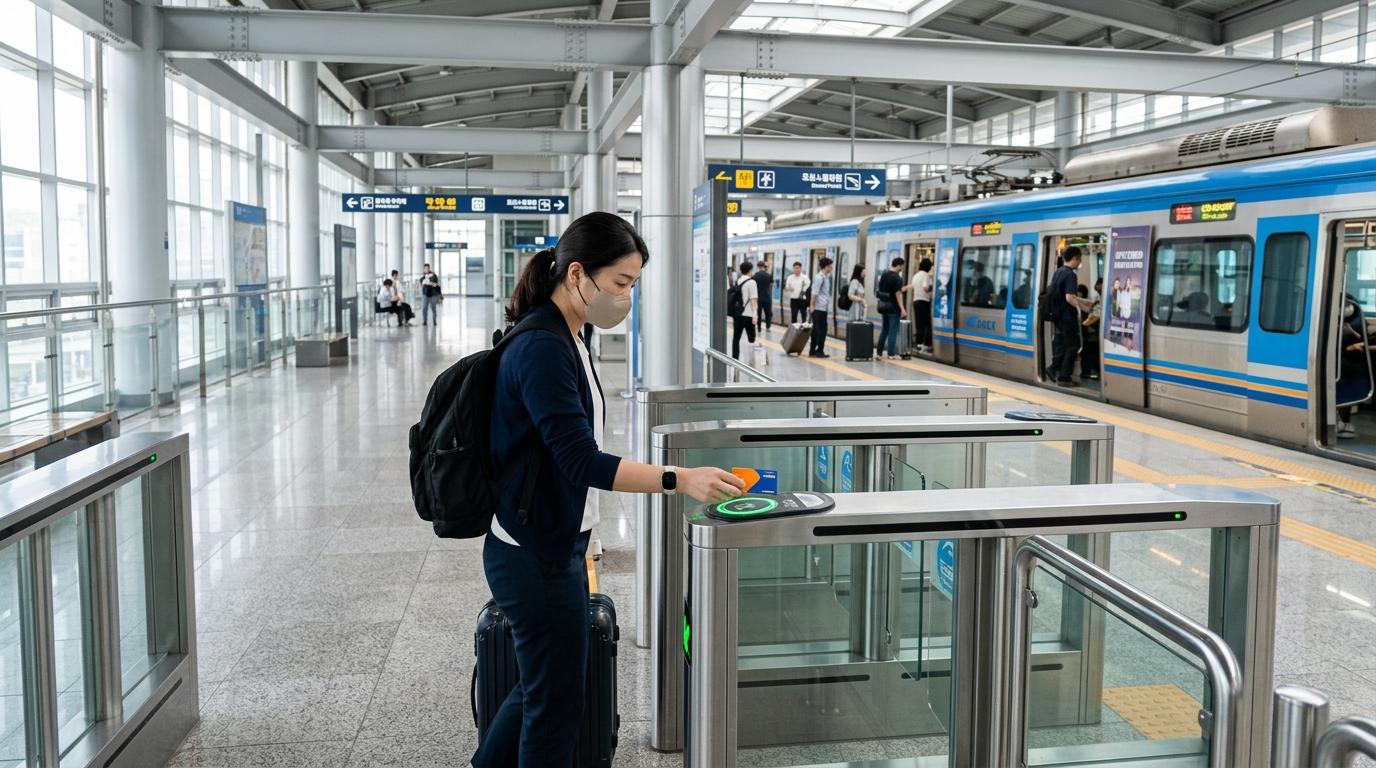 Bright photorealistic image of airport railway platforms in Korea with a traveler tapping a transit card at a gate, clean modern design, no readable text