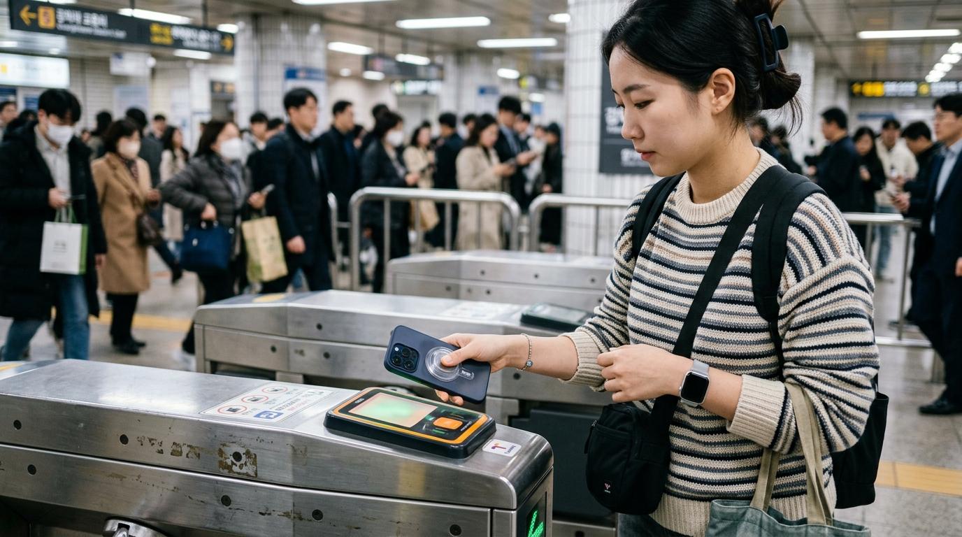 Bright photorealistic close-up of a traveler tapping an iPhone at a subway gate in Korea, city commute atmosphere, no readable text