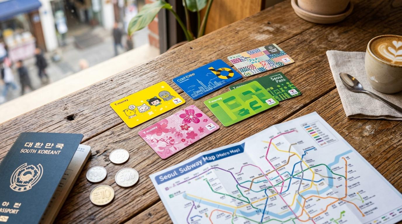 Bright photorealistic flat lay of several colorful Korean transit and travel cards on a cafe table with passport, coins, and subway map, no readable text