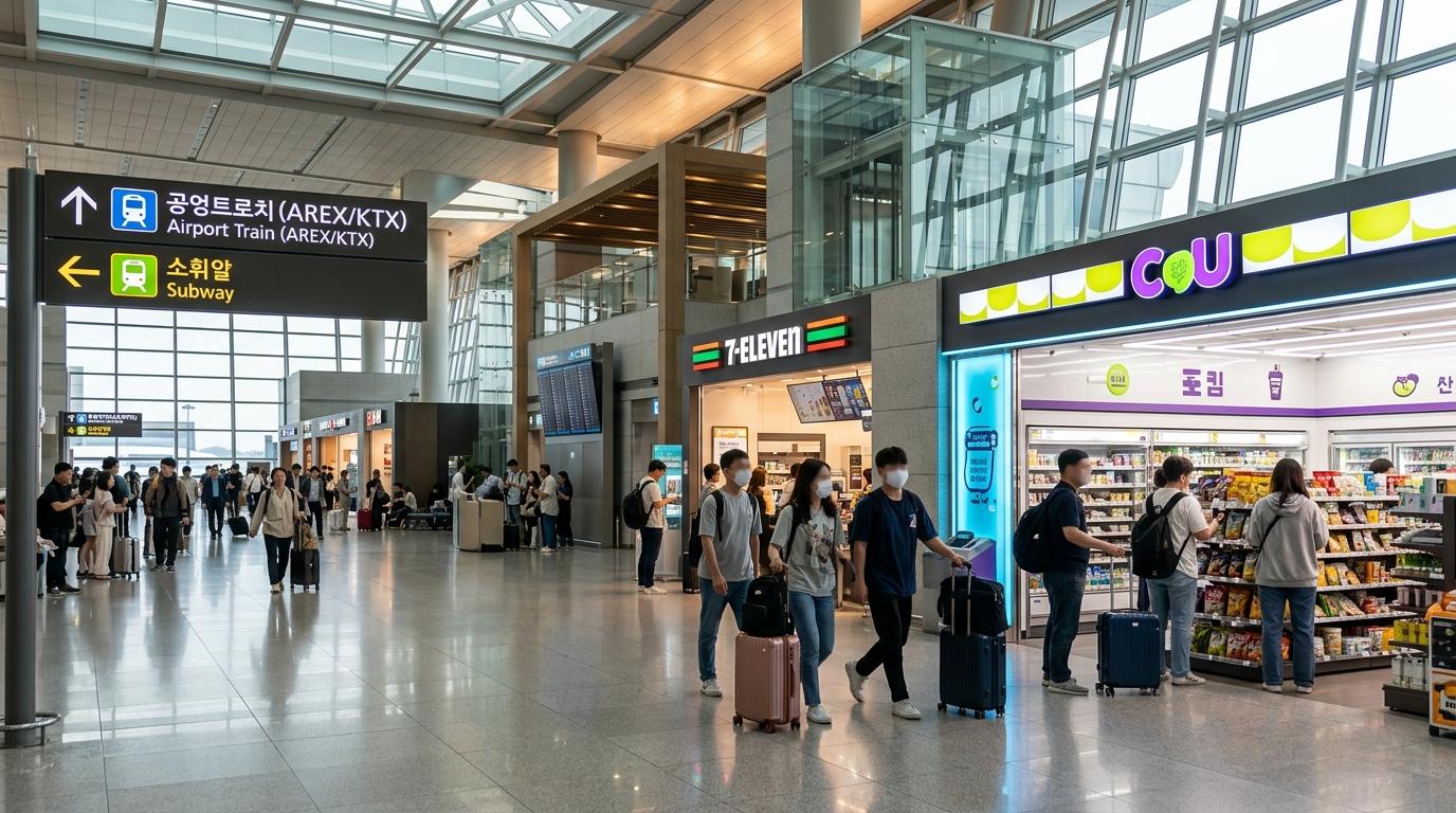 Bright photorealistic image of an airport arrival hall in Korea with travelers near convenience stores and airport train signs, modern architecture, no readable