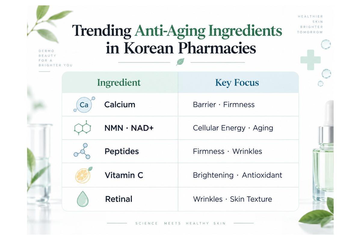 Anti-aging ingredients attracting attention at Korean pharmacies, including Calcium, NMN, NAD+, Peptides, Vitamin C, and Retinal