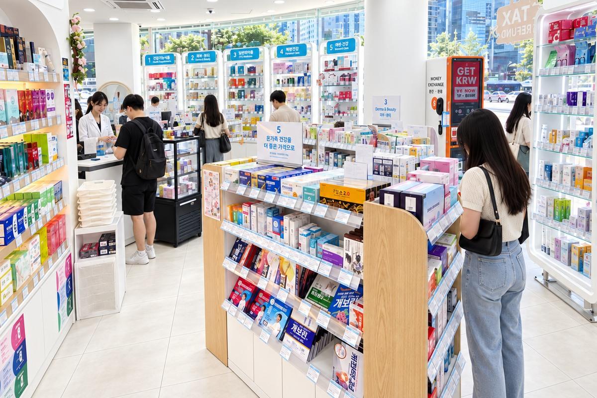 江南スクエア薬局で旅行者にスキンケア商品を案内する薬剤師