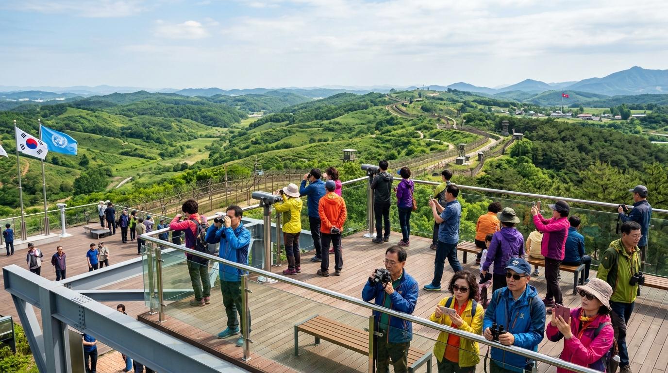 Bright vibrant photorealistic view of a peaceful observation deck near the DMZ with green hills, fences in the distance, visitors looking out, no visible text