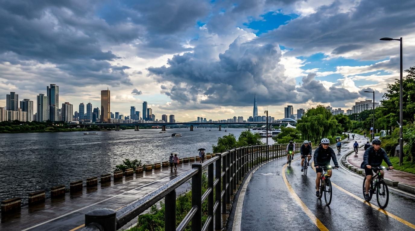 Bright vibrant photorealistic image of the Han River after summer rain with dramatic clouds, wet bike path barriers, city skyline, no visible text