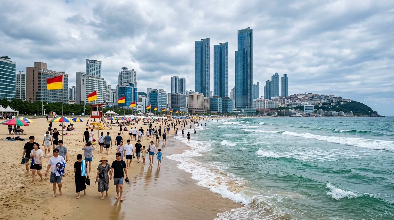 Bright vibrant photorealistic Busan beach on a cloudy summer day with lifeguard flags, modern skyline, waves, and visitors walking along the shore, no visible t