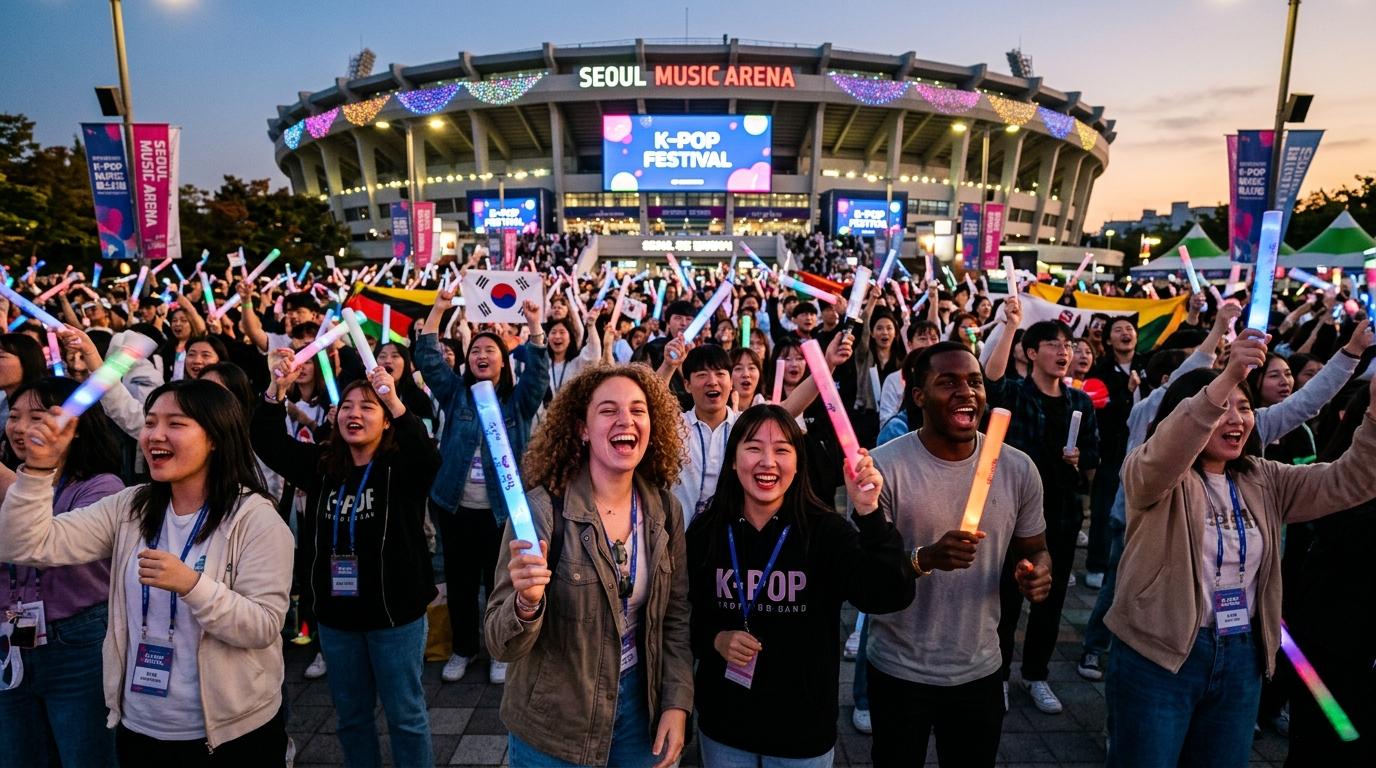 Bright vibrant photorealistic scene of excited international fans outside a large concert venue in Korea, holding light sticks without readable logos or text, e