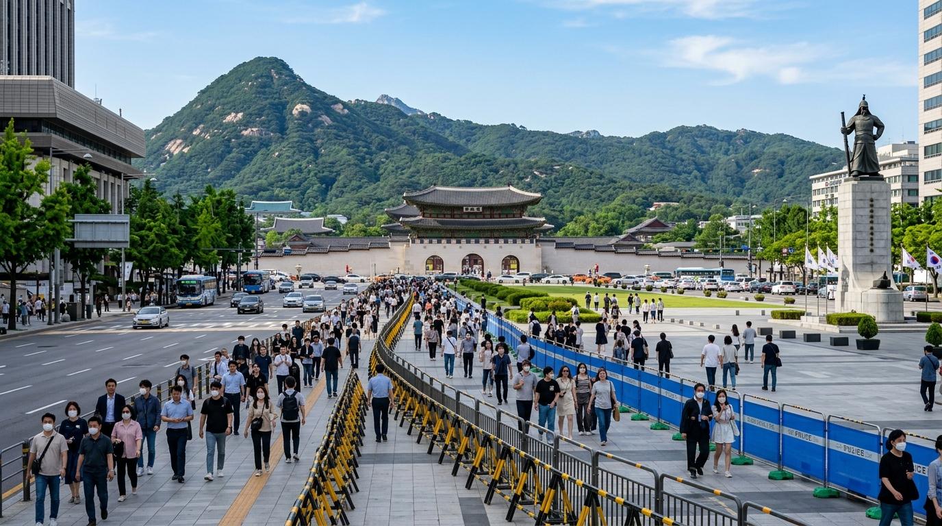 Bright vibrant photorealistic daytime scene near Gwanghwamun Square with orderly crowds, police barriers, wide boulevard, mountains in the background, no visibl