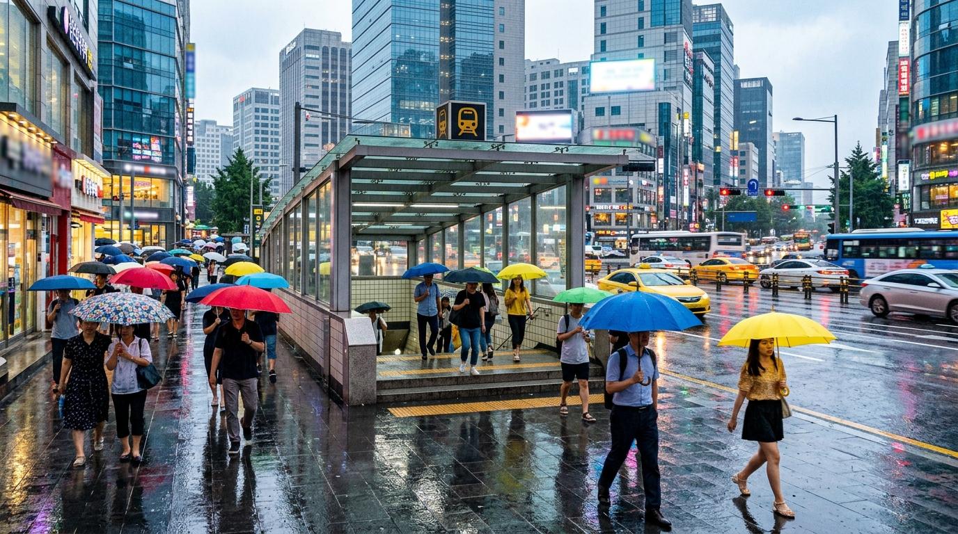 Bright vibrant photorealistic Seoul summer rain scene with people carrying umbrellas near a subway entrance, wet pavement reflections, modern buildings, no visi