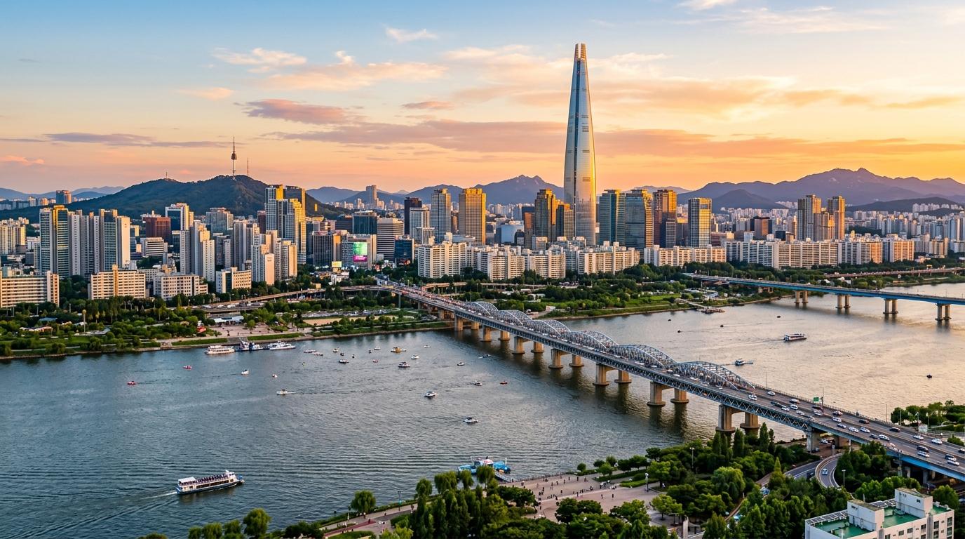 Bright vibrant photorealistic view of Seoul skyline at sunset with the Han River, modern towers, bridges, and clear summer light, no visible text