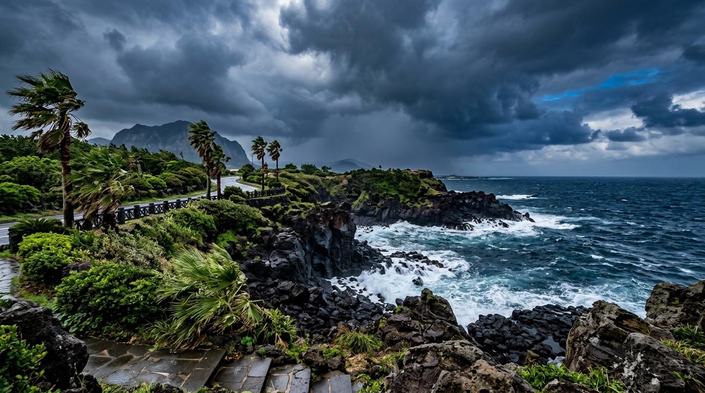 Bright vibrant photorealistic view of Jeju coastline before a storm with dark blue sea, basalt rocks, palm trees bending slightly, dramatic sky, no visible text