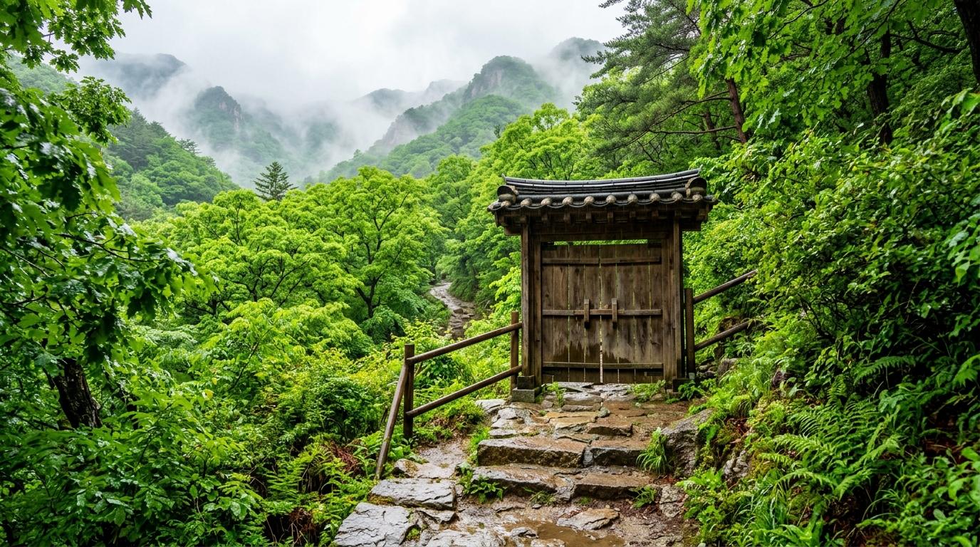 Bright vibrant photorealistic mountain trail in Korea after rain with misty green forest, closed wooden gate, wet stones, no visible text