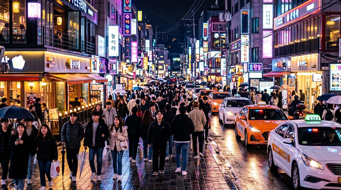Bright vibrant photorealistic street scene in Hongdae at night with crowds, neon reflections, cafes, and taxis, lively but clean, no visible text
