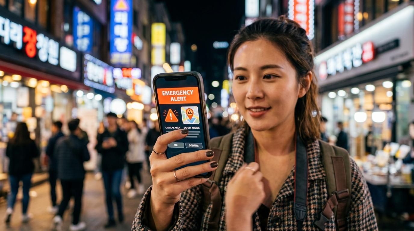 Bright vibrant photorealistic close-up of a traveler holding a smartphone with a generic emergency alert interface, Seoul street blurred behind, no readable tex