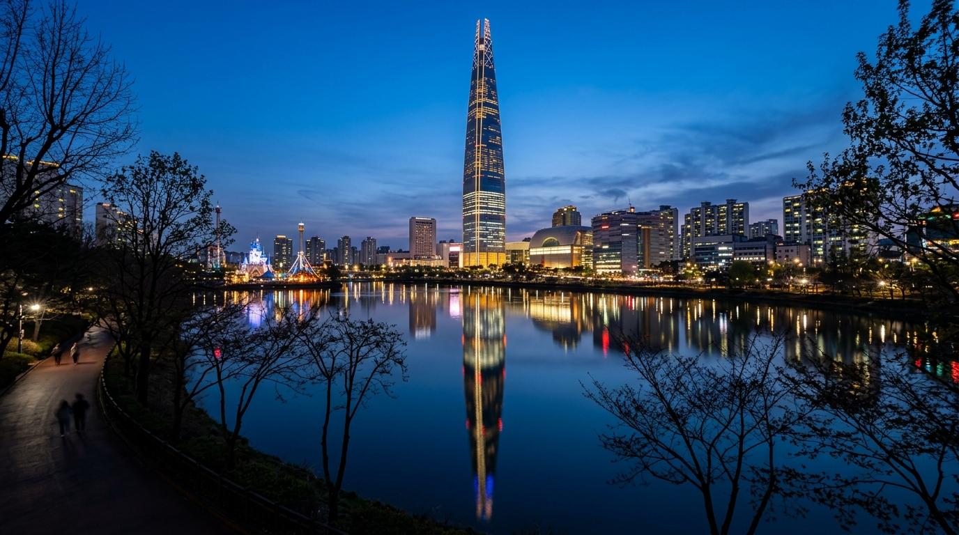 Bright vibrant photorealistic blue hour reflection of Lotte World Tower on Seokchon Lake with calm water, city lights, tree silhouettes, no text