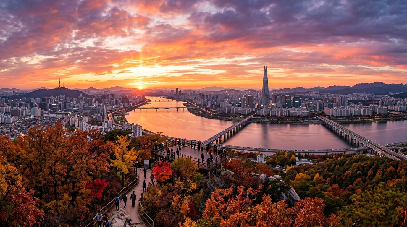Bright vibrant photorealistic sunset panorama from Achasan over Han River and Seoul skyline, Lotte World Tower in distance, autumn trees, no text