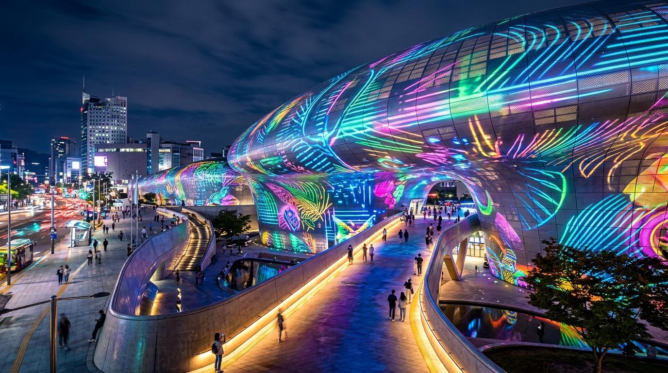 Bright vibrant photorealistic night scene of Dongdaemun Design Plaza with colorful media art lights on curved metallic architecture, no text
