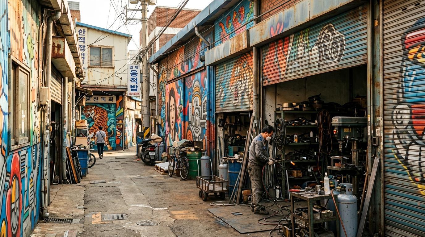 Bright vibrant photorealistic Mullae-dong industrial art alley with colorful murals, metal shutters, workshop tools, afternoon sunlight, no text