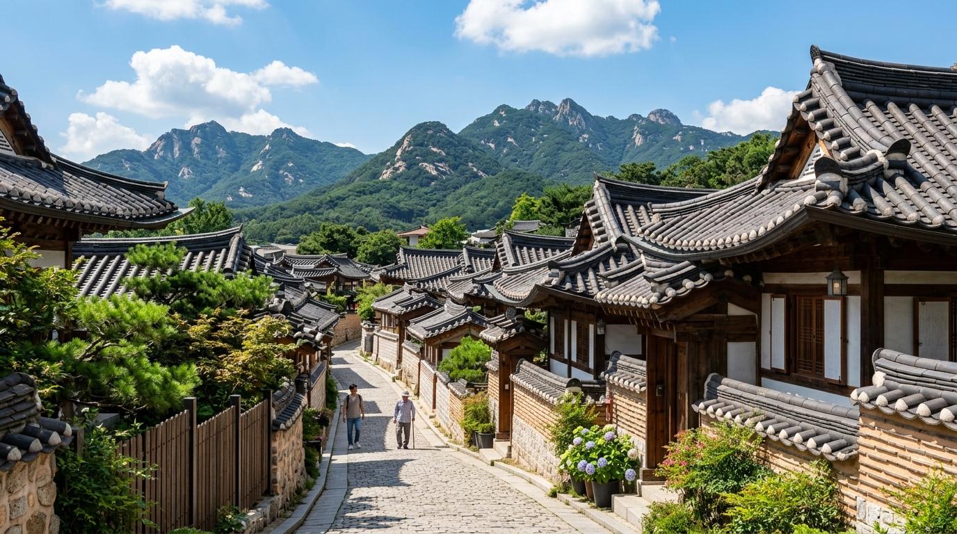 Bright vibrant photorealistic daytime scene of traditional hanok rooftops on a quiet sloped Seoul lane, respectful distance, mountains behind, no text