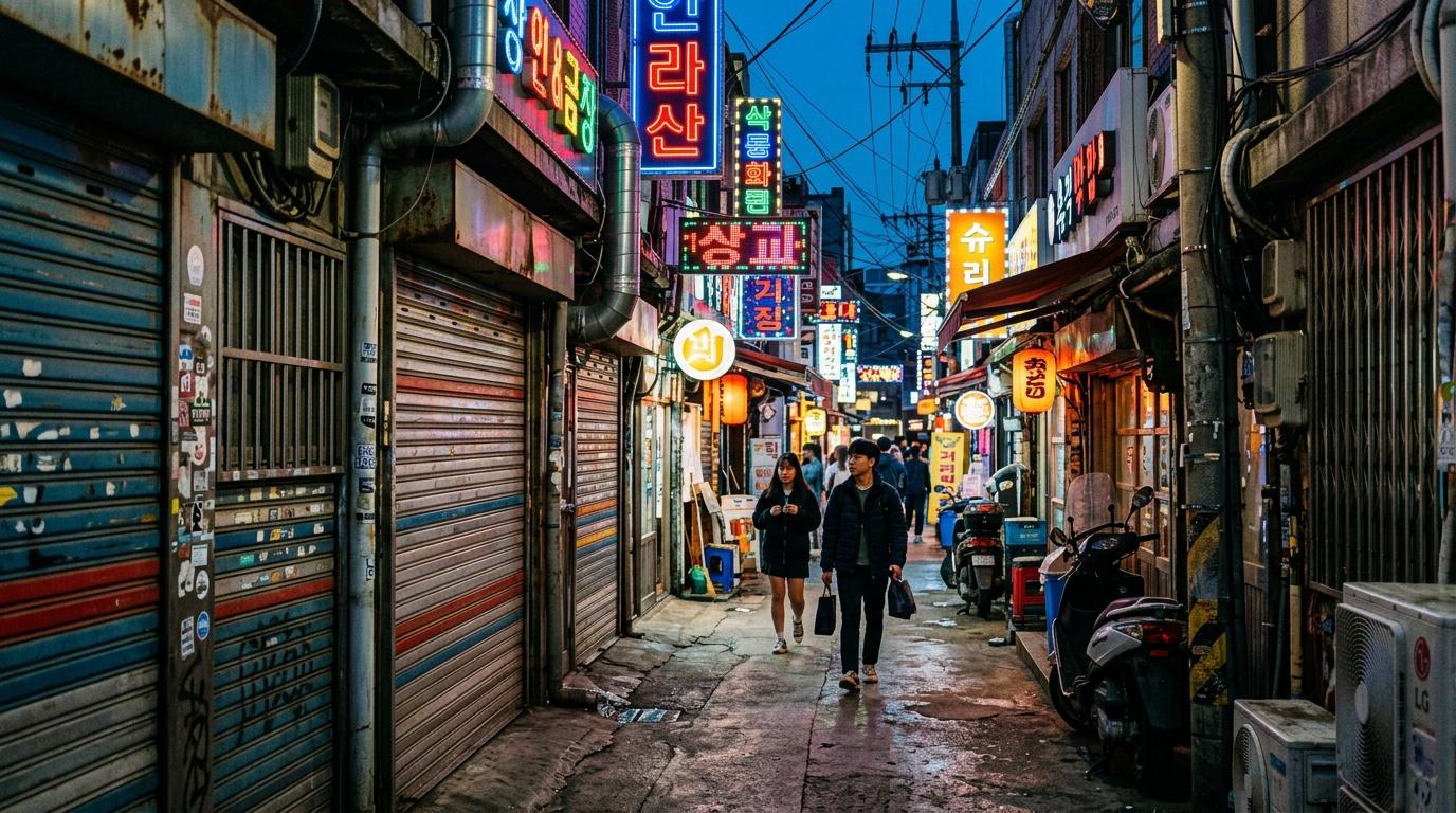 Bright vibrant photorealistic retro industrial Seoul alley at dusk with neon lights, metal shutters, narrow passage, stylish street photography mood, no text