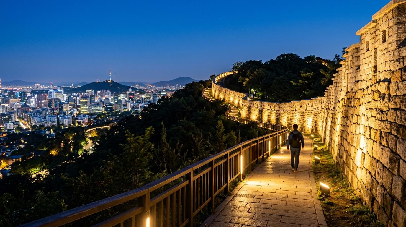 Bright vibrant photorealistic night walk along Seoul City Wall at Naksan with warm stone lights, city skyline below, clear blue hour sky, no text