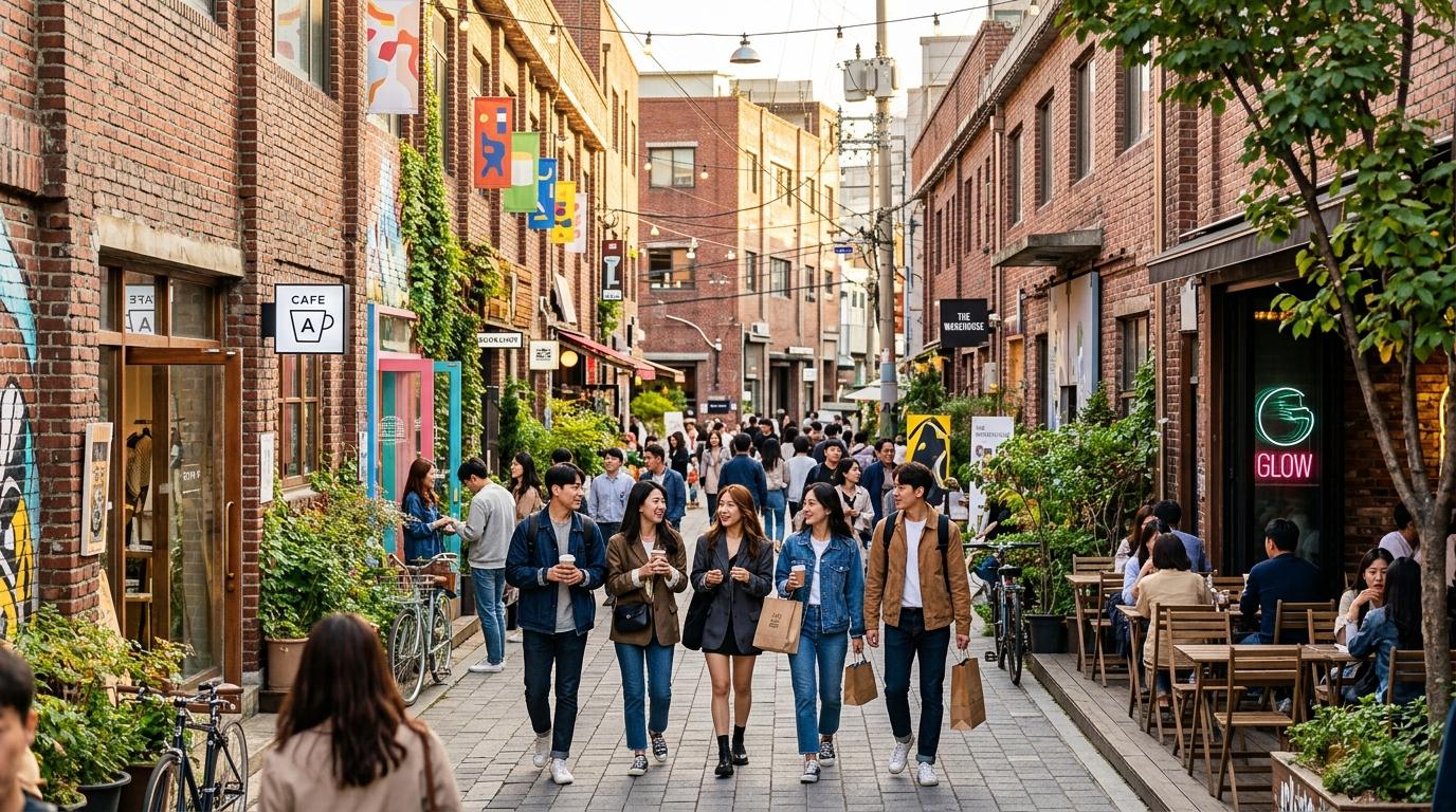 Bright vibrant photorealistic Seongsu-dong warehouse cafe street with brick buildings, stylish pop-up storefronts, young travelers, golden afternoon light, no t