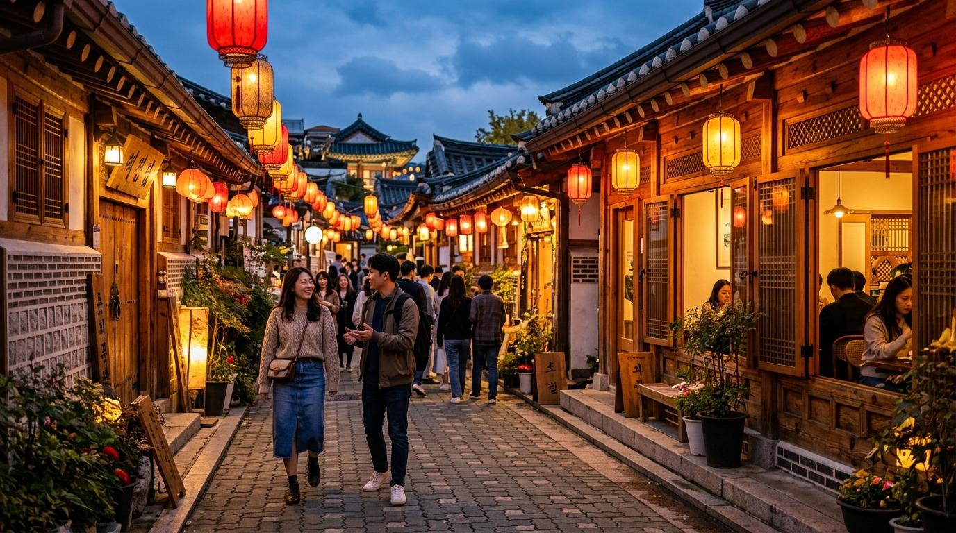 Bright vibrant photorealistic lantern-lit hanok alley in Seoul with cozy cafes, warm evening lights, stylish travelers walking, no text