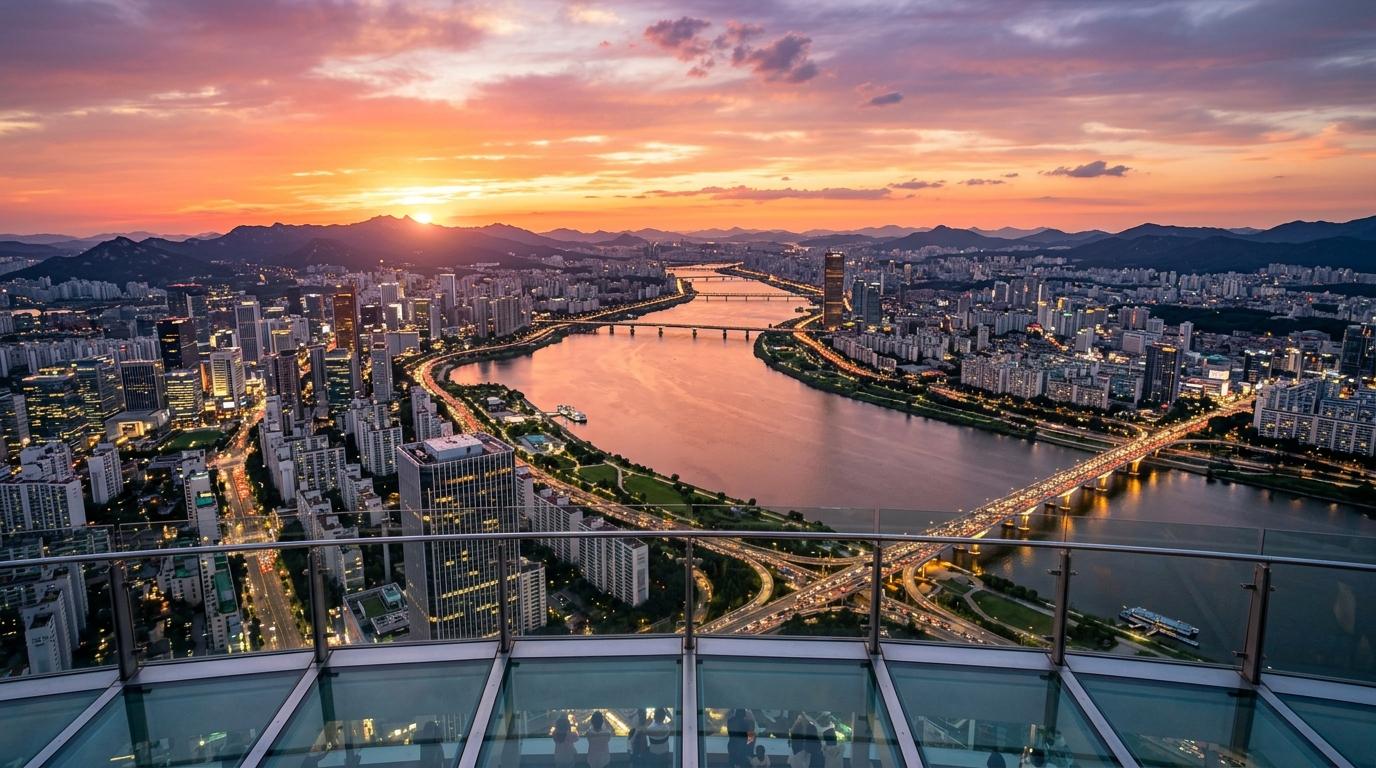 Bright vibrant photorealistic view from a very high glass observatory over Seoul, Han River curves, sunset colors, modern skyscrapers, no text