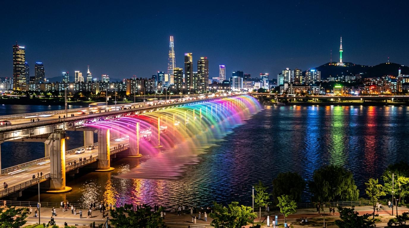 Bright vibrant photorealistic night view of Banpo Bridge rainbow fountain over Han River, colorful water trails, Seoul skyline reflections, no text