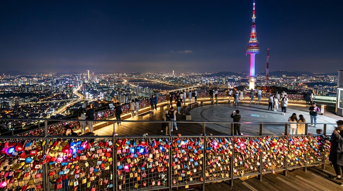 Bright vibrant photorealistic night scene of Namsan Seoul Tower plaza with colorful love locks, glowing tower lights, Seoul skyline below, no text