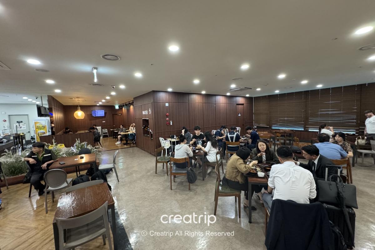 金海机场内的餐饮用餐区，木质装潢与多张座位，旅客与上班族三五成群用餐、等候，适合搭机前或抵达后快速用餐的舒适环境。