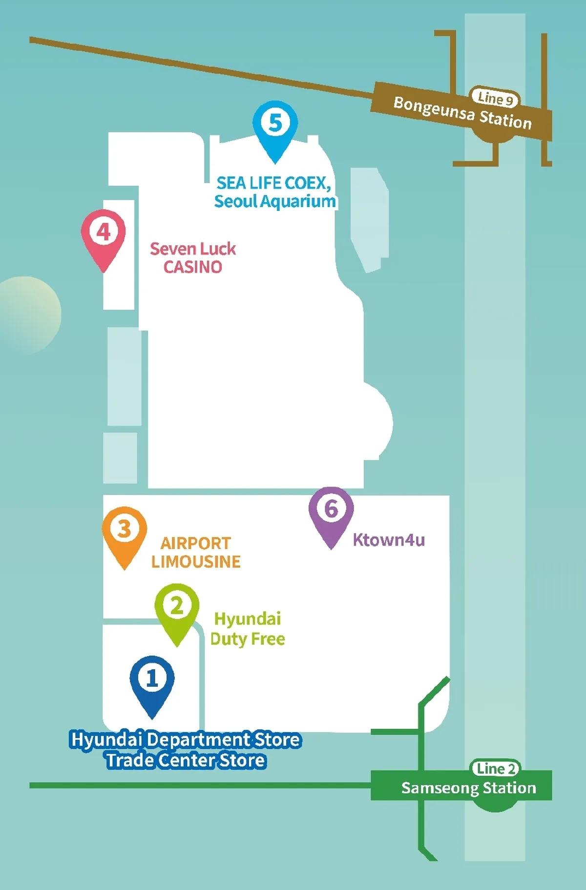 Map showing World PASS participating locations near Samseong Station and COEX